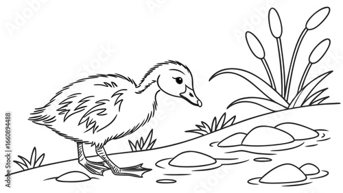 Cute duckling at pond's edge with reeds, simple line art drawing for children's coloring activity
