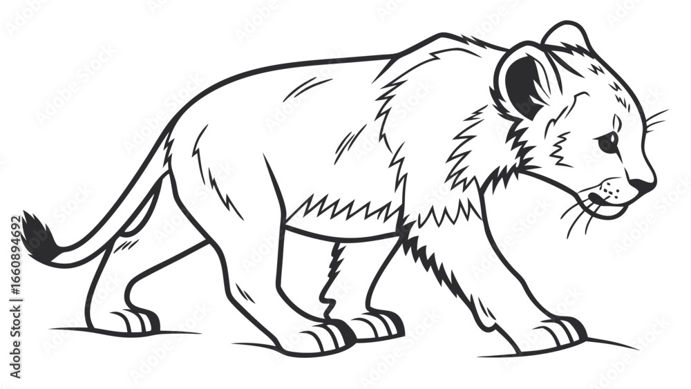 Obraz premium Adorable Lion Cub Walking Line Art. Black and White Outline Drawing for Coloring Books, Safari Animal Illustration.