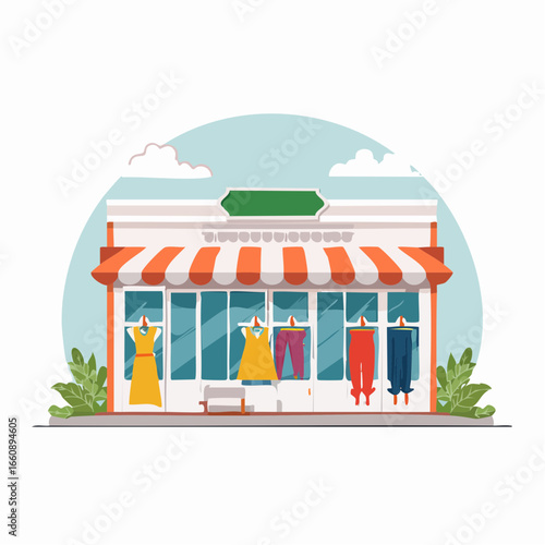 Colorful clothing storefront with striped awning and mannequins.