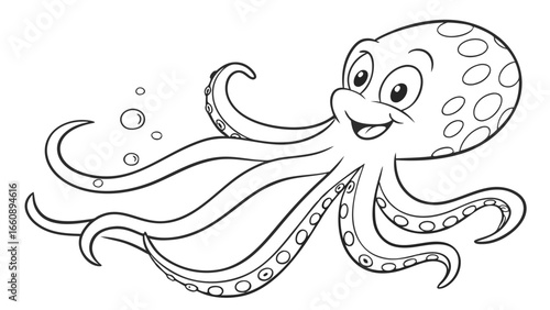 Happy Cartoon Octopus Line Art for Coloring Book
