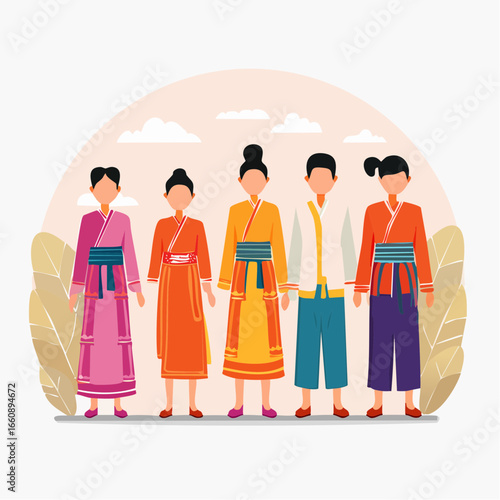 Group of people wearing traditional clothing standing together.