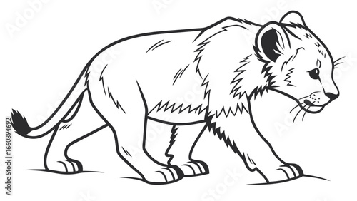 Adorable Lion Cub Walking Line Art. Black and White Outline Drawing for Coloring Books, Safari Animal Illustration.