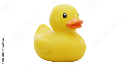 A vibrant yellow rubber duck floating serenely in a clear blue water background isolated on white background