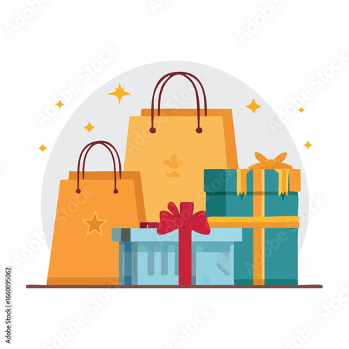 Colorful shopping bags and gift boxes with ribbons and stars.