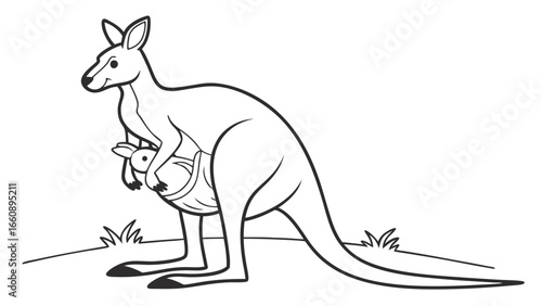 Kangaroo with joey in pouch line art. Mother and baby marsupial outline drawing. Australian wildlife for coloring page.