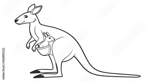 Mother Kangaroo with Joey in Pouch Line Art. Black and White Outline Drawing of Marsupial Family. Animal Illustration for Coloring Book.
