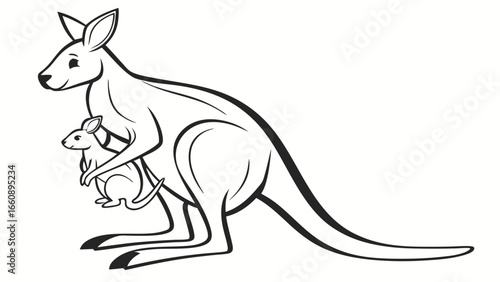 Kangaroo with joey in pouch line art illustration. Black and white vector of Australian marsupial animal family.