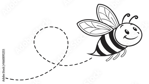 Cheerful cartoon bee flying with dotted path. Black and white outline illustration for kids' coloring or activity books.
