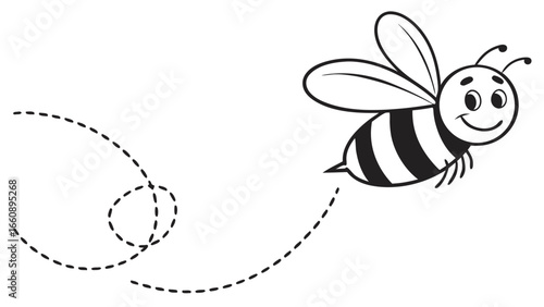 Smiling cartoon bee flying with a dotted trail, simple black and white insect illustration