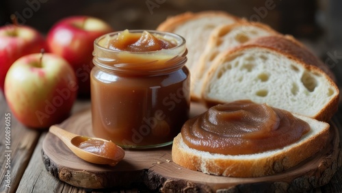 Rustic Still Life: Homemade Apple Butter on Sourdough Bread with Fresh Apples