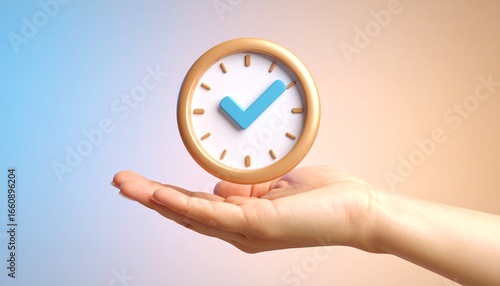 Wallpaper Mural 3D clock icon and check mark floating above a hand Torontodigital.ca
