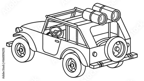Adventure Off-Road Vehicle Line Art. 4x4 Car Outline with Camping Gear for Outdoor Travel, Exploration, and Safari.