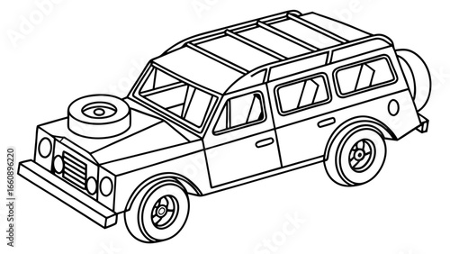 Outline drawing of a classic off-road vehicle with roof rack and spare tires, vector illustration
