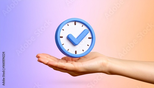 Wallpaper Mural 3D clock icon and check mark floating above a hand Torontodigital.ca