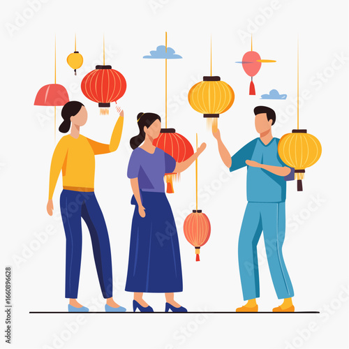 Three people holding and arranging colorful lanterns in a festive atmosphere.