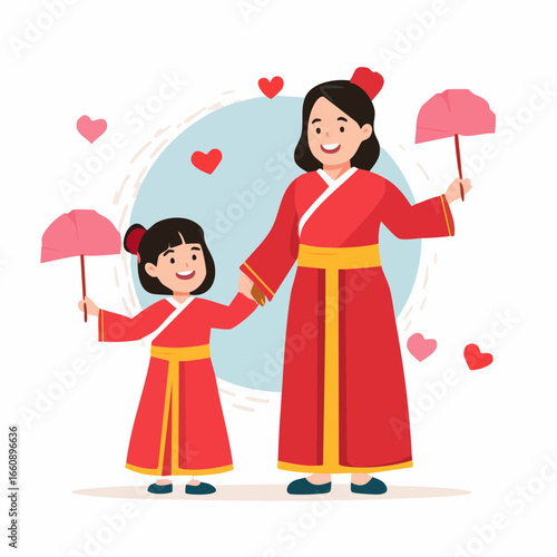 Mother and daughter in traditional red Chinese dresses holding hands and fans.