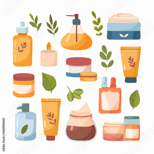 Assorted cosmetic products and skincare items with leaves.