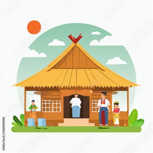 Traditional Asian style house with family outside.