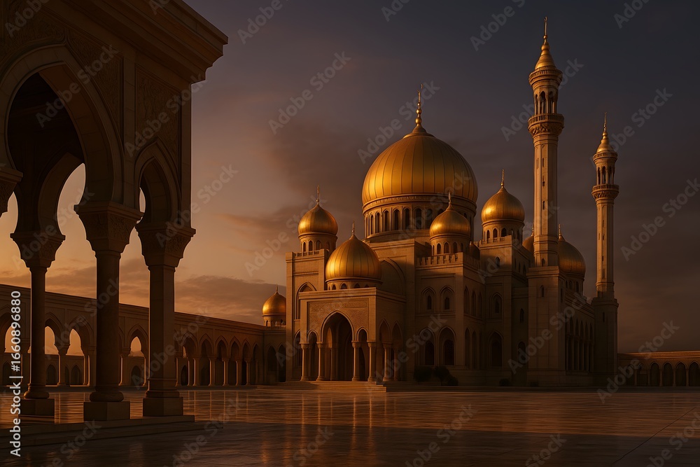 Fototapeta premium Majestic Golden Mosque with Multiple Domes and Minarets at Sunset