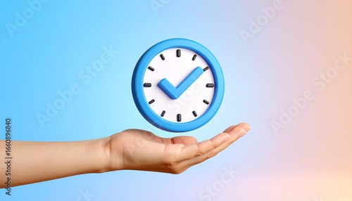 3D clock icon and check mark floating above a hand
