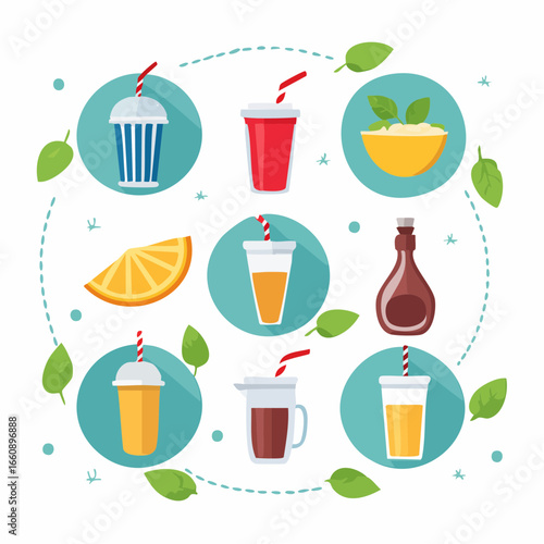 Assorted refreshing beverages and ingredients in a circular arrangement.