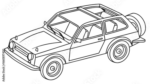 Classic Compact Car with Roof Rack & Spare Tire Line Art. Retro Hatchback Outline for Automotive Design.