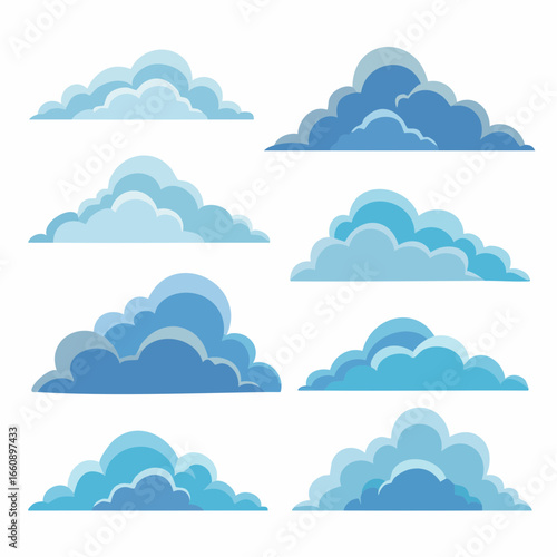 Collection of blue cloud shapes in various sizes and shades.
