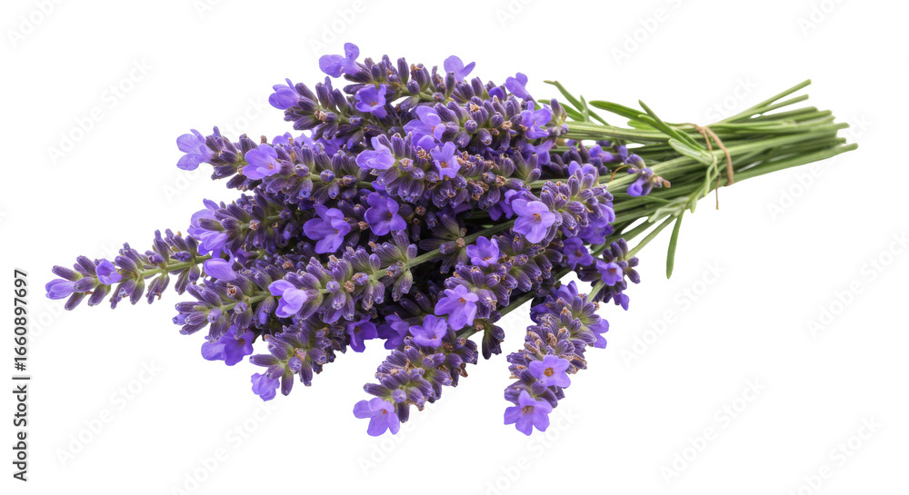Fototapeta premium A vibrant bouquet of lavender flowers tied with twine set against a clean background isolated on white background