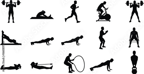 Exercise silhouette icon set featuring barbell lifts, stretching, running, cycling, planks, squats, kettlebells, and resistance training poses