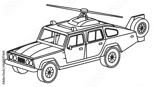 Conceptual Flying Car Crossover Vehicle Black and White Line Art