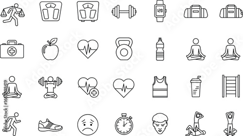 Health and wellness icon set featuring fitness, hydration, nutrition, yoga, emotional care, medical tools, and lifestyle symbols for design use