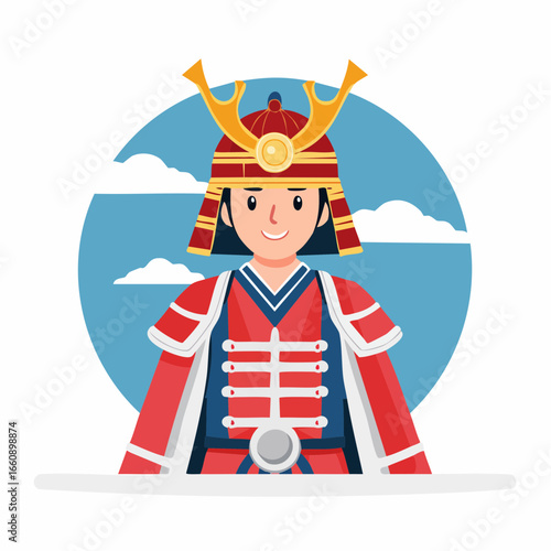Illustration of a Japanese samurai warrior in traditional armor and helmet.