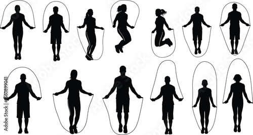 Jump rope silhouette icon set showing people in motion, fitness poses, and exercise actions for health and sports design projects