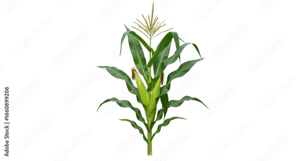 Naklejka premium Vibrant corn plant showcasing lush green leaves and budding tassels against a plain backdrop isolated on white background