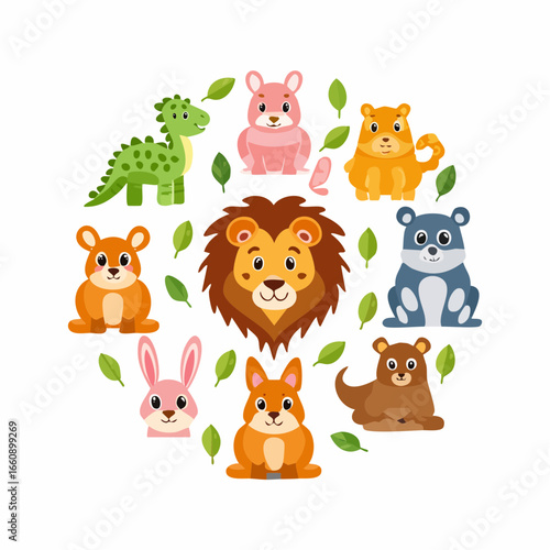 Cartoon animals gathered around a lion in a circular pattern.