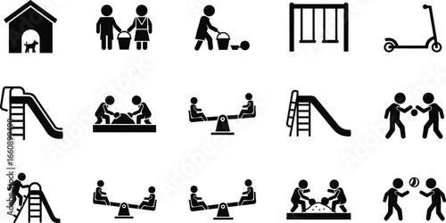 Playground activity icon set featuring children playing, swinging, sliding, scootering, and interacting with pets for educational design use
