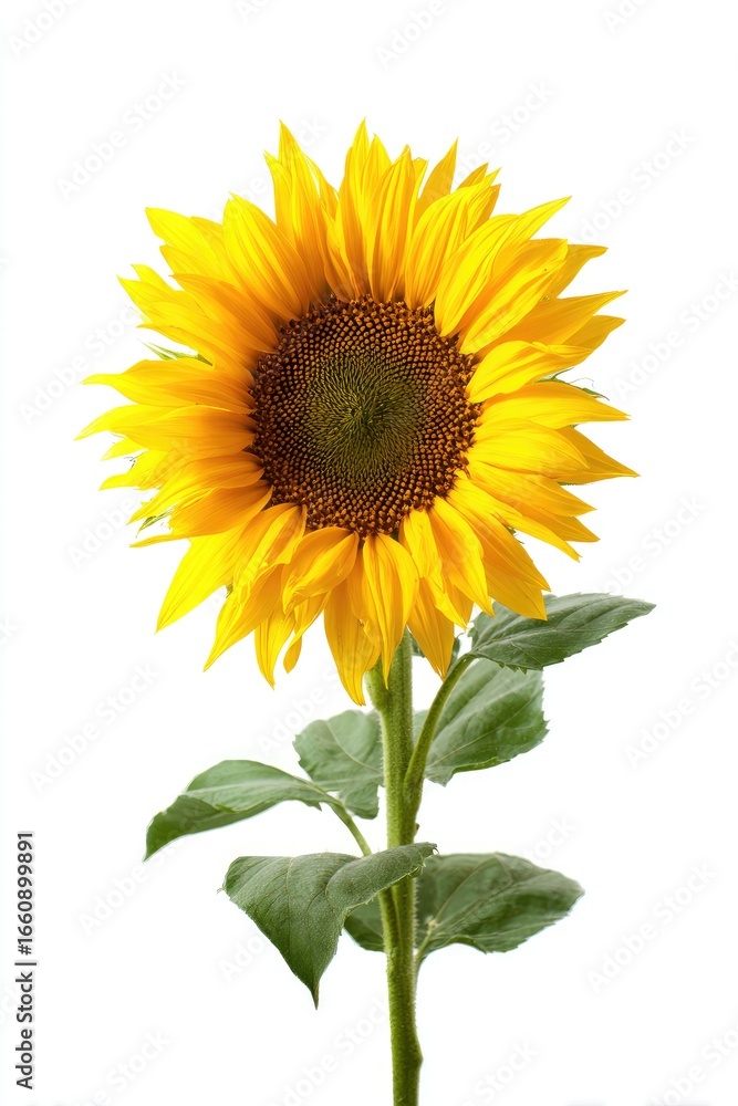 Fototapeta premium Single sunflower against white background. Bright yellow petals surround dark center. Green leaves and stem extend from the flower