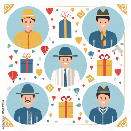 Cartoon avatars of pilots and flight attendants with gift boxes and hearts.