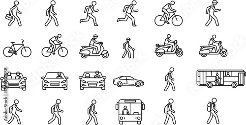Transportation and mobility icon set featuring walking, biking, scootering, driving, and bus riding for travel, commute, and lifestyle design