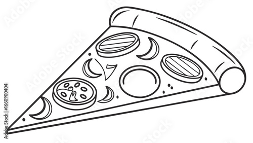 Vector line art pizza slice with toppings. Simple black and white illustration for food concepts, menus, and graphic design.