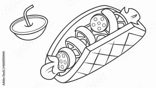 Line Art Illustration of a Hot Dog with Toppings and a Refreshing Drink