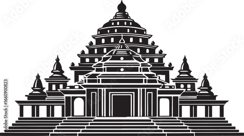 Silhouette of an ancient pagoda, a vector illustration of a temple, in a golden sky