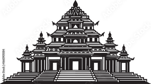 Silhouette of an ancient pagoda, a historical landmark of Buddhist religion and architecture, under a serene sky