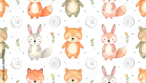 Watercolor seamless pattern featuring cute woodland animals and floral elements on a white background
