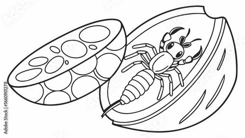 Earwig Insect and Eggs in Split Nut Shell Line Art. Black and White Nature Biology Illustration.