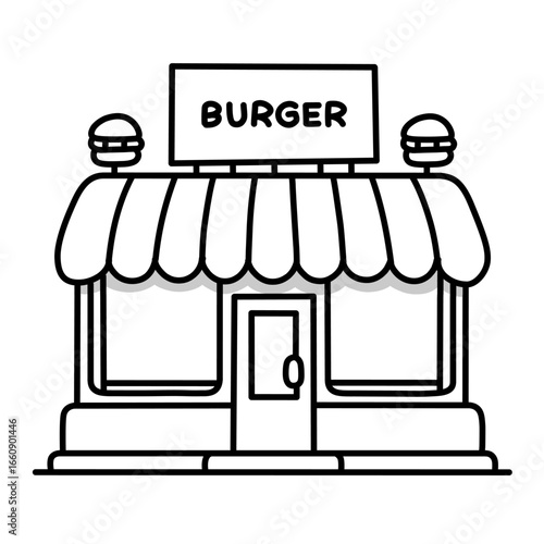 A sketch illustration of a modern design burger shop building, suitable for coloring outlines and editing purposes.
