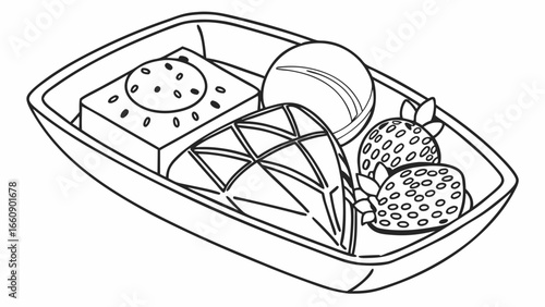 Line Art Meal on Tray. Simple Monochrome Drawing of Served Food Items: Cake, Fruit, and Main Dish. Food Service Illustration.