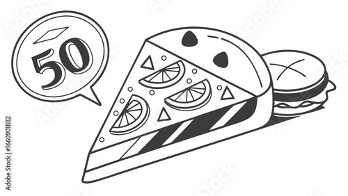 Pizza slice and burger with '50' speech bubble, black and white line art illustration