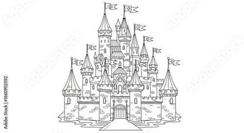 Detailed Fairytale Castle Line Art Illustration. Royal Fantasy Palace Drawing for Coloring Book or Graphic Design