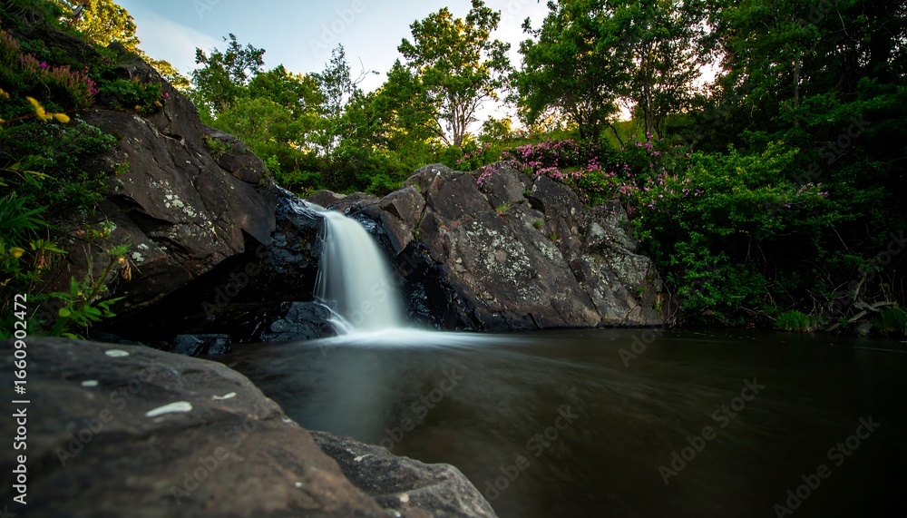 Fototapeta premium Cascading serenity a hidden waterfall nestled amidst lush greenery and weathered rocks offering a